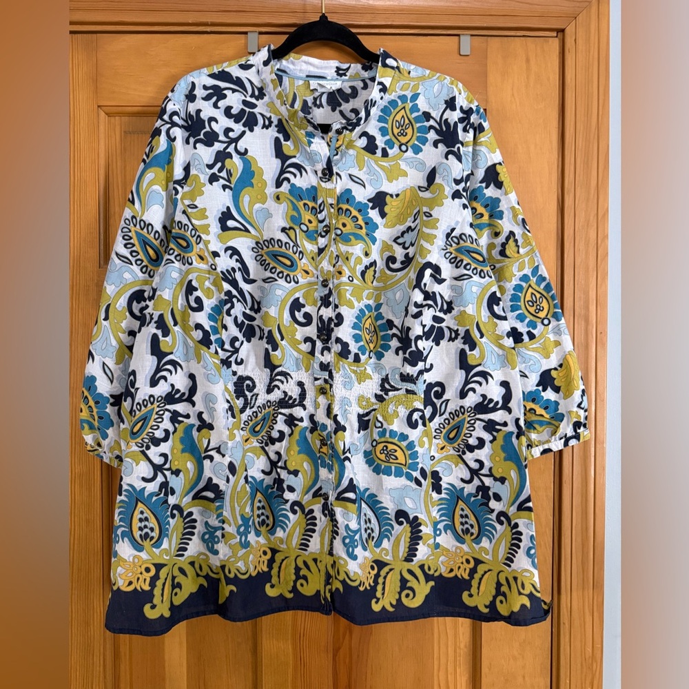 Charter Club Woman Paisley Cotton Tunic‎ Blouse Quarter Sleeve Elastic Waist 24W